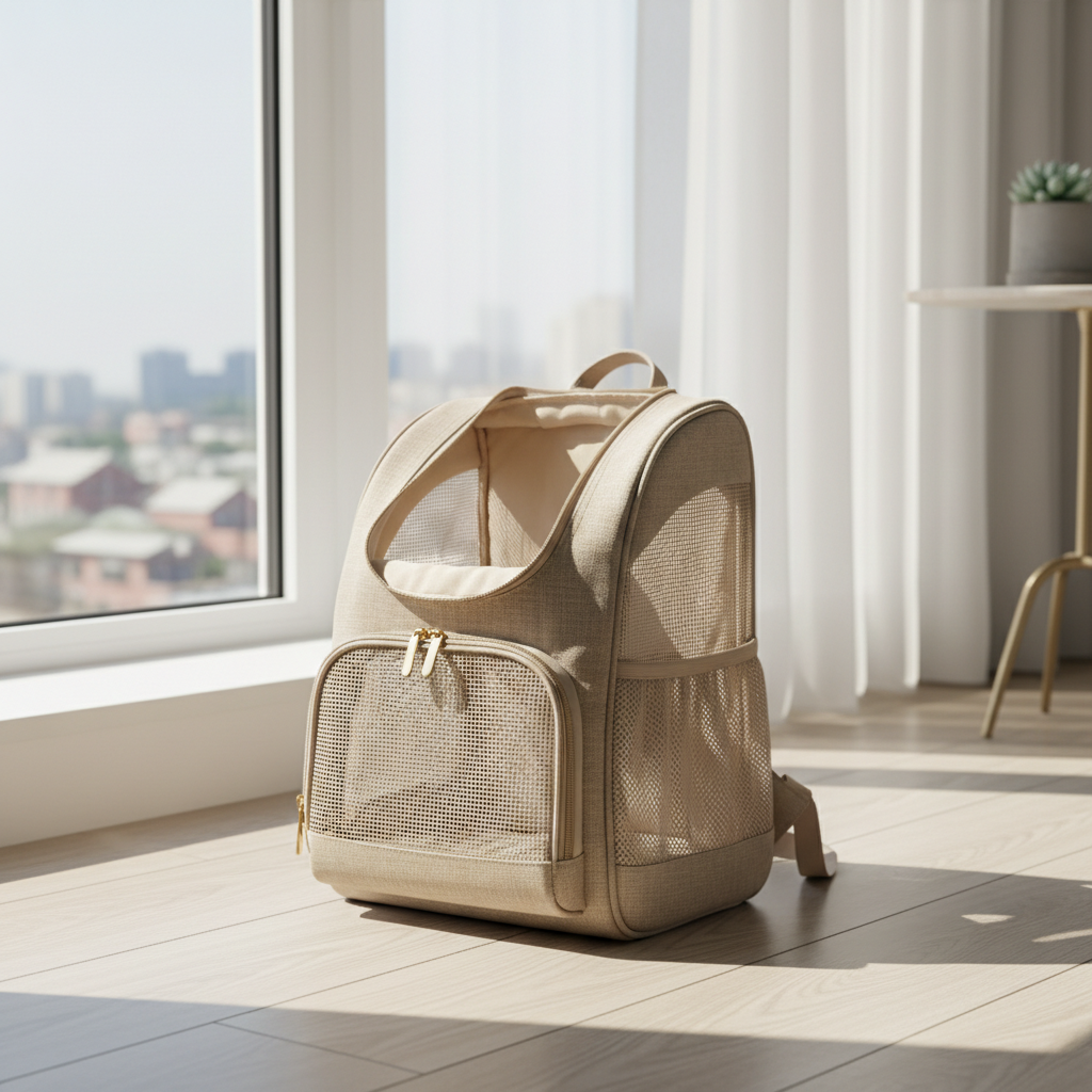 햇살이 잘 드는 창가 옆 깨끗하고 밝은 목재 바닥 위에 놓인 베이지색 패브릭 반려동물 백팩. 부드러운 아침 햇살이 통기성 메쉬 패널과 정교한 바느질 디테일을 선명하게 보여주는 미니멀한 감성 사진.
