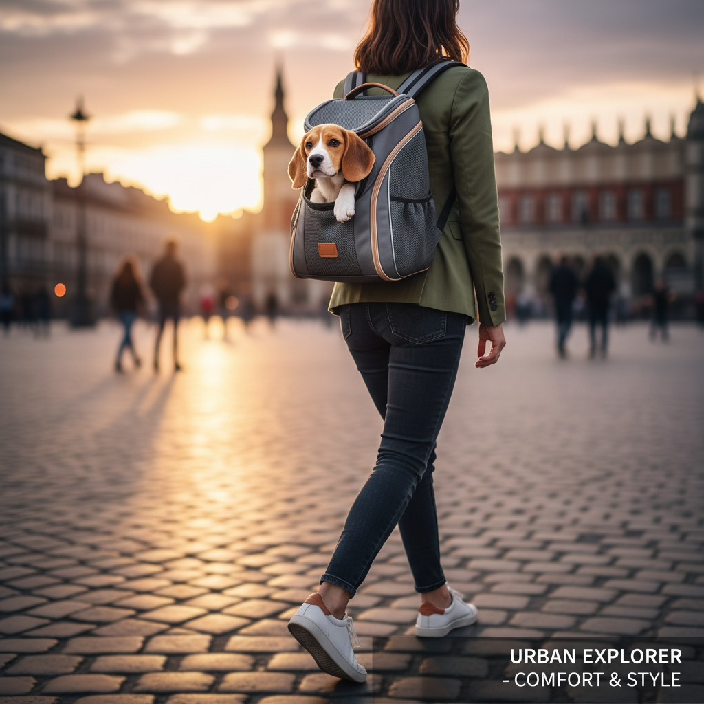 활기찬 도시 광장을 걷는 사람이 착용한 세련되고 인체공학적인 반려동물 백팩의 어반 스트리트 스타일 이미지. 측면 메쉬를 통해 호기심 어린 표정으로 밖을 보는 작은 강아지와 부드러운 보케 배경.